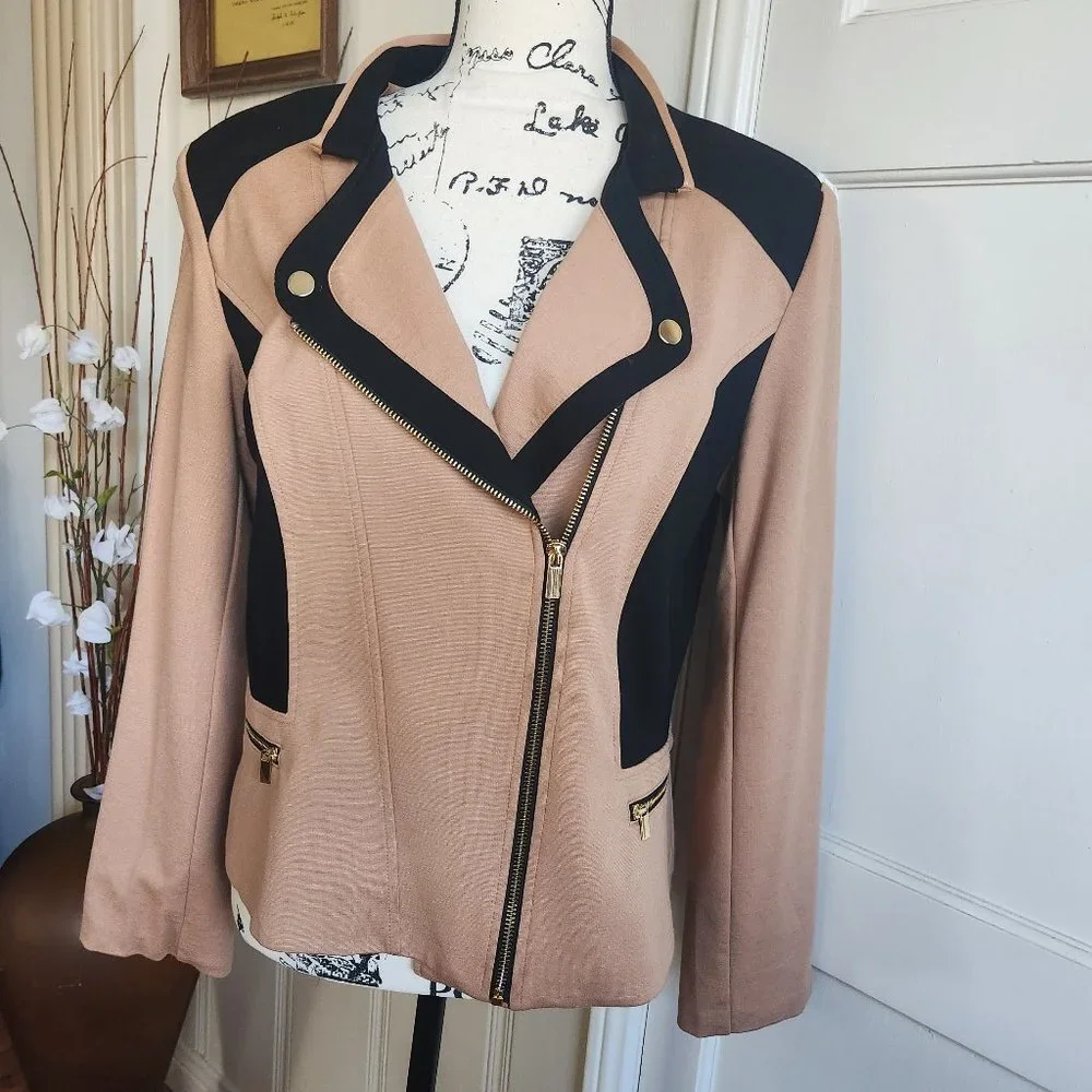 IMAN Black and Tan Woman’s Jacket with Gold Zippers NWOT Sz M